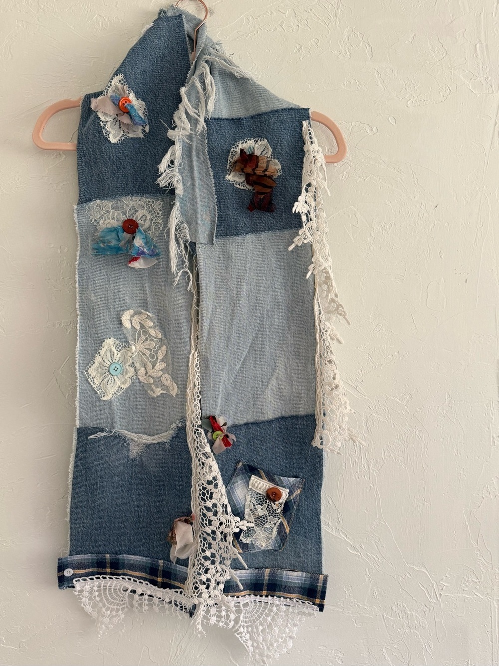 Handmade Upcycled Denim Scarf Lace Plaid 72 Long